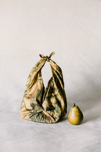 Furoshiki Bag– Raw Silk Botany Print in Green