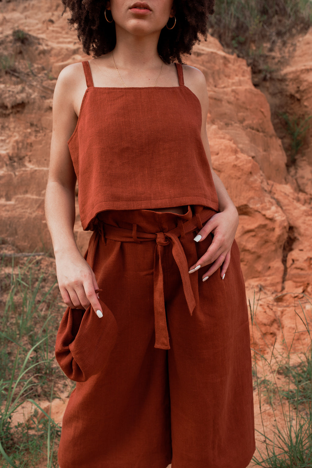 One-Button Linen Top in Wet Clay
